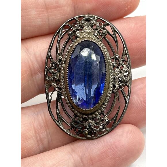 Vintage Cobalt Blue Glass Oval Brooch Pin Metal Unsigned - Picture 5 of 10